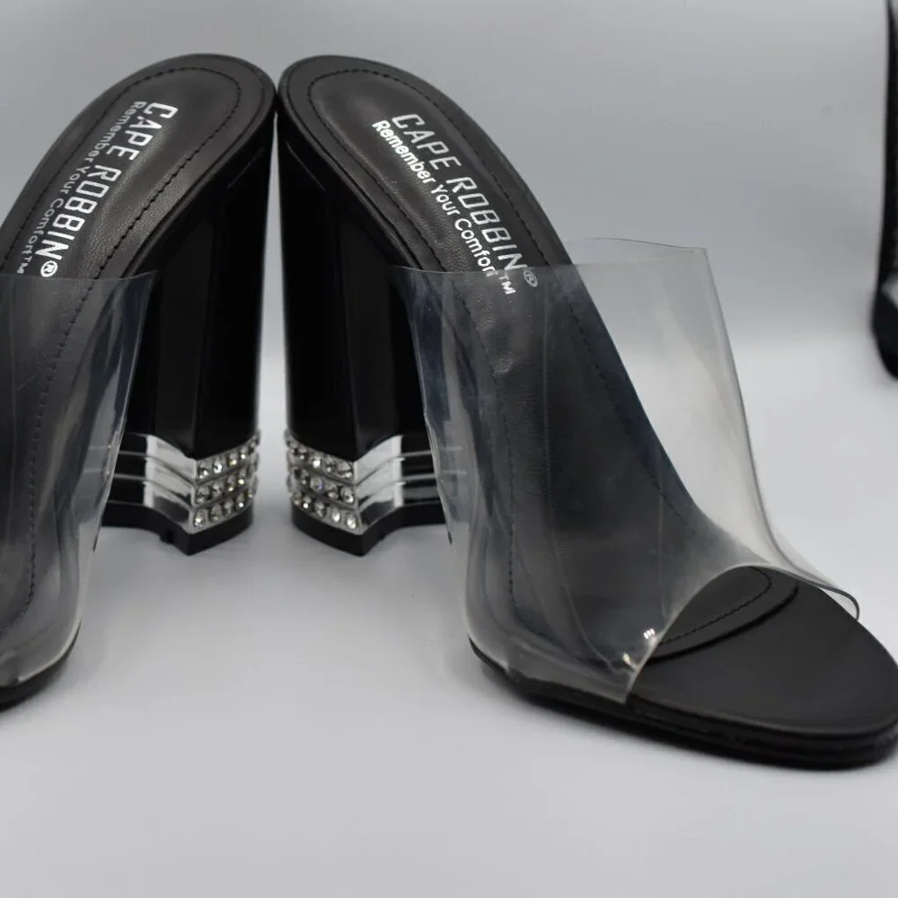Party Shoes Cape Robbin Clear and Black Open Toe Rhinestone Heels